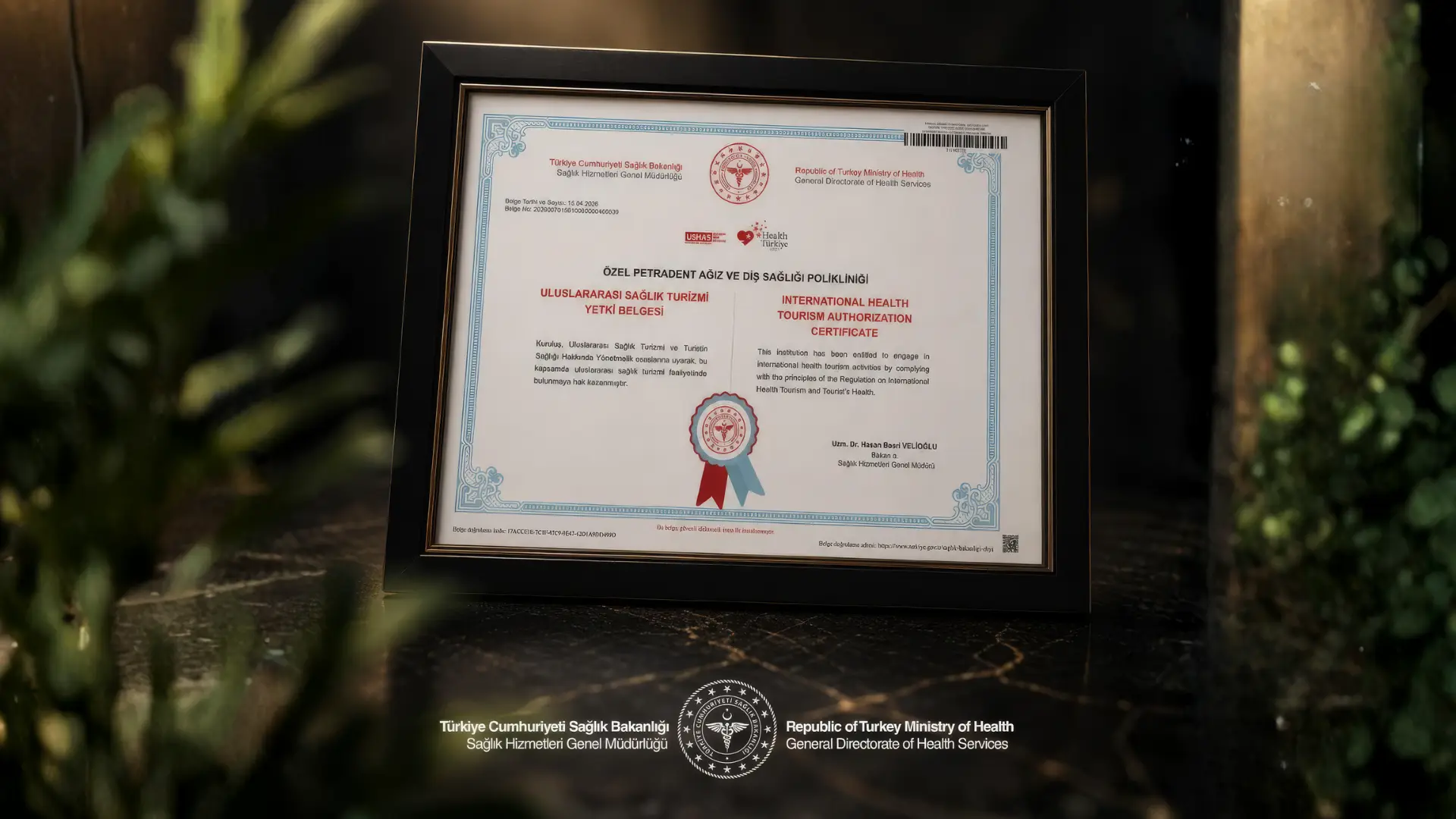 PetraDent’s International Health Tourism Authorization Certificate issued by the Republic of Türkiye Ministry of Health
